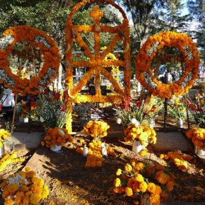 Decorated graves and famalies gathering in Patzcuaro, Michoacan