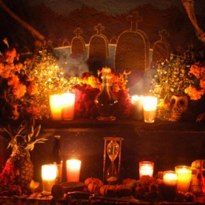 Day of the Dead alter, ofrenda, with candles and flowers, in Bosque Village in Michocan