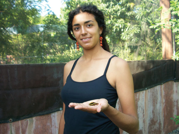 Ana Luisa Figueroa cradling the wing of a giant swallowtail butterfly from the 