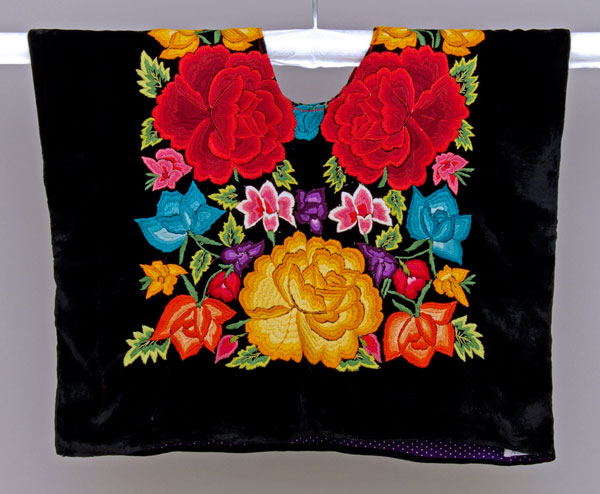 Huipil, 1970s–1980s. Velvet hand-embroidered with cotton thread, using a long and short stitch