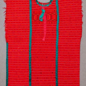 Huipil, 1970s–1980s. Three cotton webs woven on the backstrap loom, using a plain weave and cotton and acrylic supplementary weft