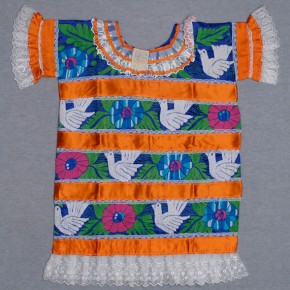 Huipil, 1970s–1980s. Cotton embroidery in false satin stitch on a regenerated fiber ground fabric