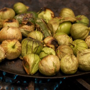 Comal with roasted tomatillos